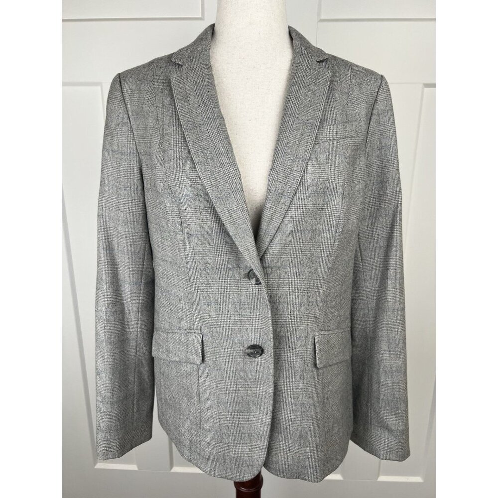 Talbots Italian Wool Blazer Womens 10 Taupe Plaid Subtle Blue Stripe Classic